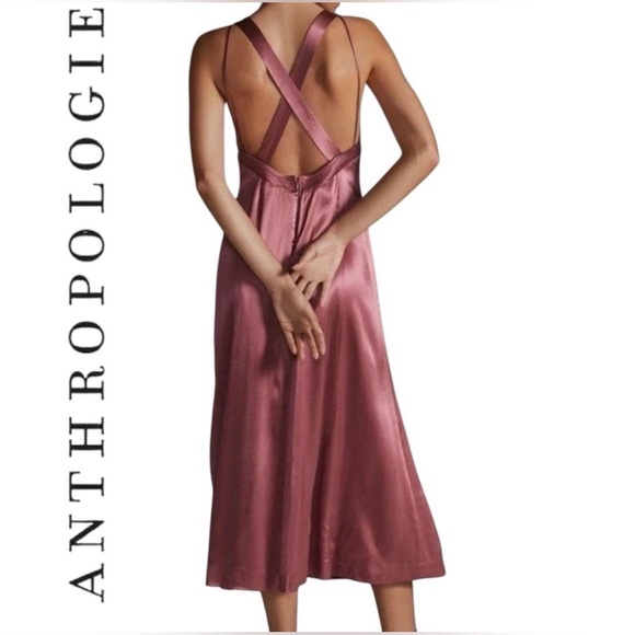 Anthropologie Cross Back Satin Midi Dress Size 10 NWT Pink Mauve $170 MSRP - Picture 2 of 11